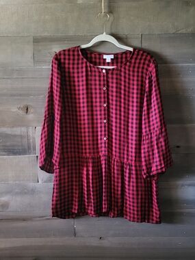 J. Jill Buffalo Plaid Babydoll Tunic Top Ruffle Hem Size M